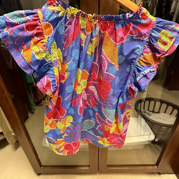 Amazonia Blue Risette Ruffle Cap Sleeve Split Neck Top. - Picture 2 of 7